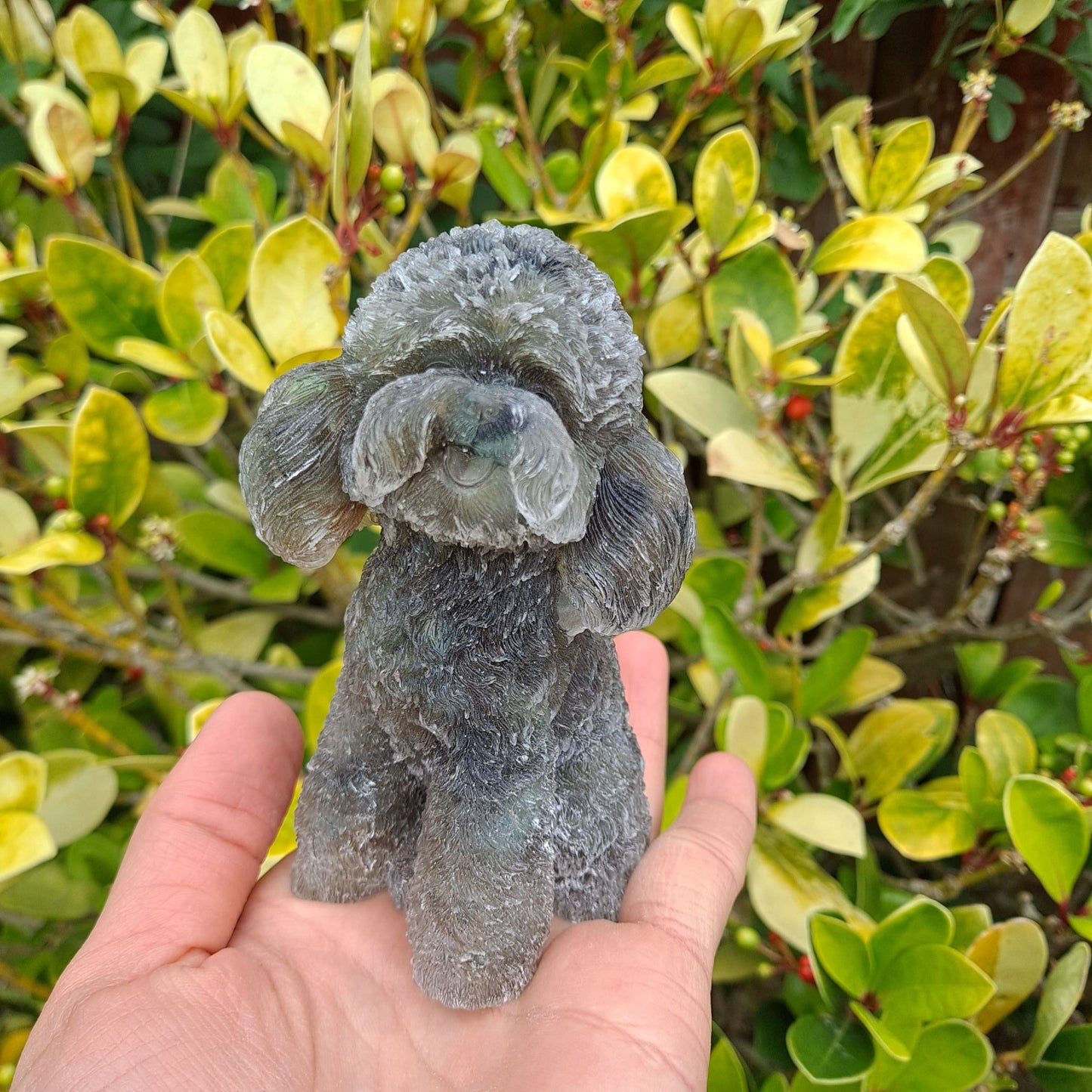 Handcrafted Labradorite crystal chip Poodle sculpture for home décor or meditation.