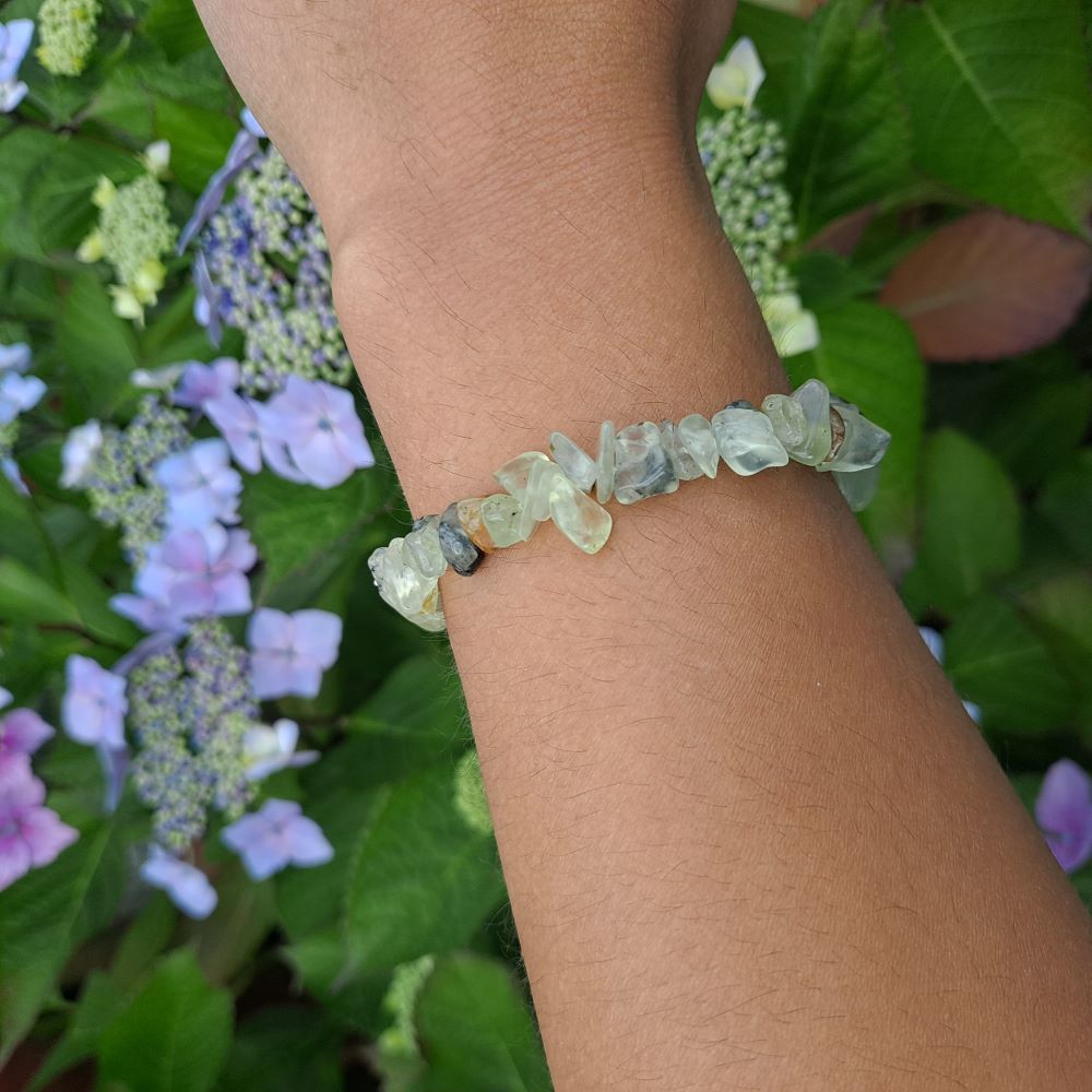 Dumi's Crystals Prehnite Chip Bracelet 7inch for Peace & Harmony. Soft green gemstone chips promote relaxation, stress relief & intuition.
