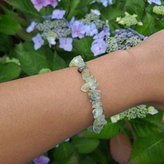 Dumi's Crystals Prehnite Chip Bracelet 7inch for Peace & Harmony. Soft green gemstone chips promote relaxation, stress relief & intuition.