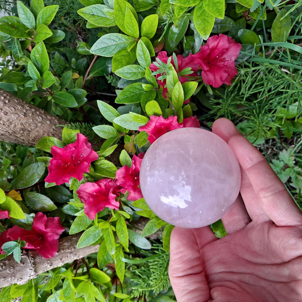 Dumi's Crystals | Rose Quartz Sphere (2.5 inch) for Meditation | Bathe in the loving energy of Rose Quartz! This 2.5-inch sphere is perfect for meditation, promoting emotional healing, self-love, and deeper connections.