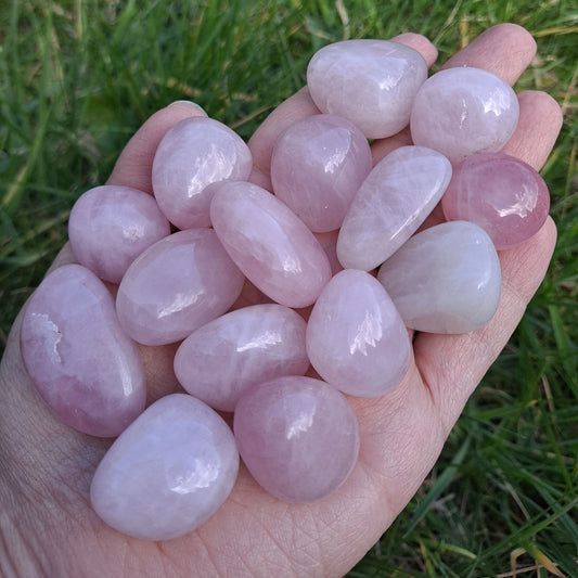 Dumi's Crystals | Rose Quartz Tumbled Stones (Love & Healing) | A handful of Rose Quartz Tumbled Stones radiate soft pink hues. Renowned for promoting love, self-care & emotional healing, hold them during meditation or carry them throughout the day to cultivate compassion, release past hurts & embrace your true self. Invite love into your life with the gentle energy of Rose Quartz.