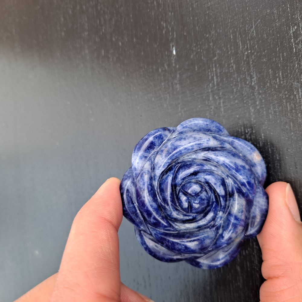 Hand-carved Sodalite Rose: Embrace tranquility & self-expression with this beautiful crystal from Dumi's Crystals.