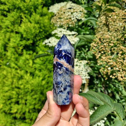 Unleash Your Inner Wisdom with Sodalite Tower | Dumi's Crystals | This captivating Sodalite Tower (7-11cm) radiates calming energy. Sodalite is thought to enhance focus, communication, and emotional balance.