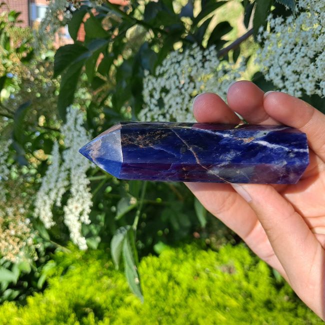 Dumi's Crystals | Sodalite Tower (7-11cm) | A close-up view of a captivating Sodalite Tower (7-11cm), showcasing its mesmerizing blue hues and intricate patterns. This crystal is believed to promote clarity, intuition, and inner peace.