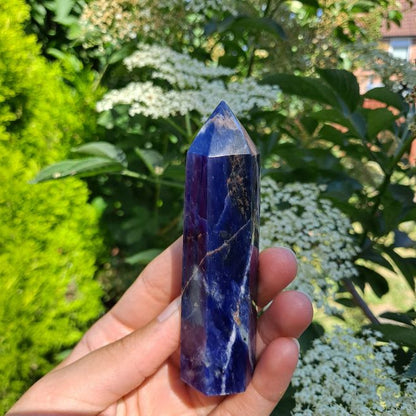  Dumi's Crystals | Sodalite Tower (7-11cm) | A close-up view of a captivating Sodalite Tower (7-11cm), showcasing its mesmerizing blue hues and intricate patterns. This crystal is believed to promote clarity, intuition, and inner peace.