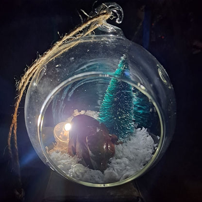 christmas landscape glass bauble with unakite bear, miniature christmas tree and artificial snow dumi's crystals