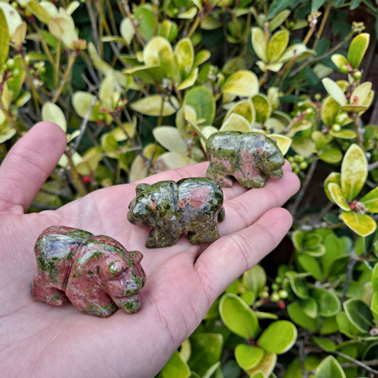 Dumi's Crystals | Unakite Bear Carvings (Peace & Harmony): A handful of Unakite Bear Carvings radiate gentle energy. Symbolic of emotional balance & healing, hold them during meditation or carry them throughout the day. Unakite promotes self-discovery & inner peace. Embrace harmony with Dumi's Crystals (ethically sourced).