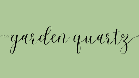 the word garden quartz on a green background