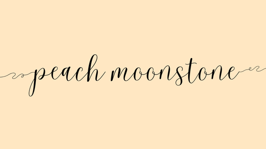 the words peach moonstone on a beige background