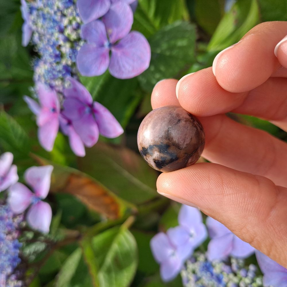 pink and black rhodonite mini sphere held in a hand, green leaves and purple flowers in the background