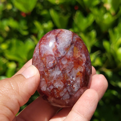 Hand holding a polished hematoid quartz stone against a green leafy background