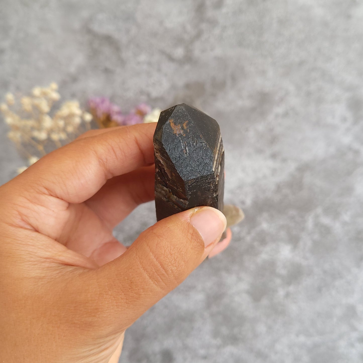 A hand holding a dark, faceted crystal or mineral specimen against a textured gray background with blurred dried flowers.