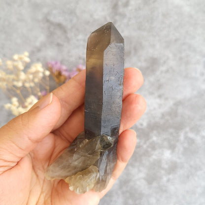 A hand holding a smoky gray pointed crystal tower with a textured, rough natural base, set against a soft gray background with blurred dried flowers.