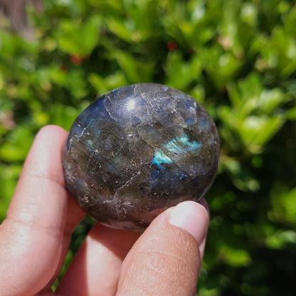 Hand holding a labradorite stone with a blurred green background
