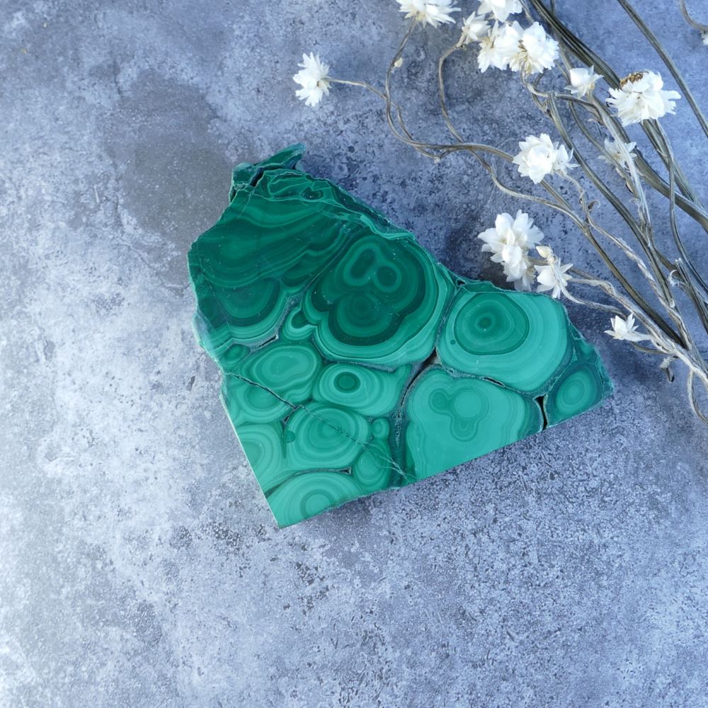 Dumi's Crystals Malachite Slab (9cm x 9cm x 1cm) - Transformation & Healing! Natural malachite slab with captivating green bands promotes emotional well-being and growth.