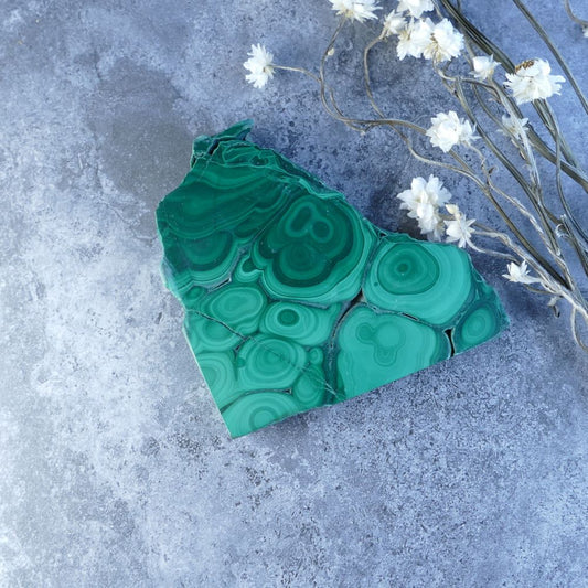 Dumi's Crystals Malachite Slab (9cm x 9cm x 1cm) - Transformation & Healing! Natural malachite slab with captivating green bands promotes emotional well-being and growth.