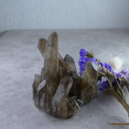 Unleash Smoky Quartz's Energy! Dumi's Crystals Cluster (122g). Rich smoky hues & natural formations. Promotes positive change. A beautiful crystal display. 