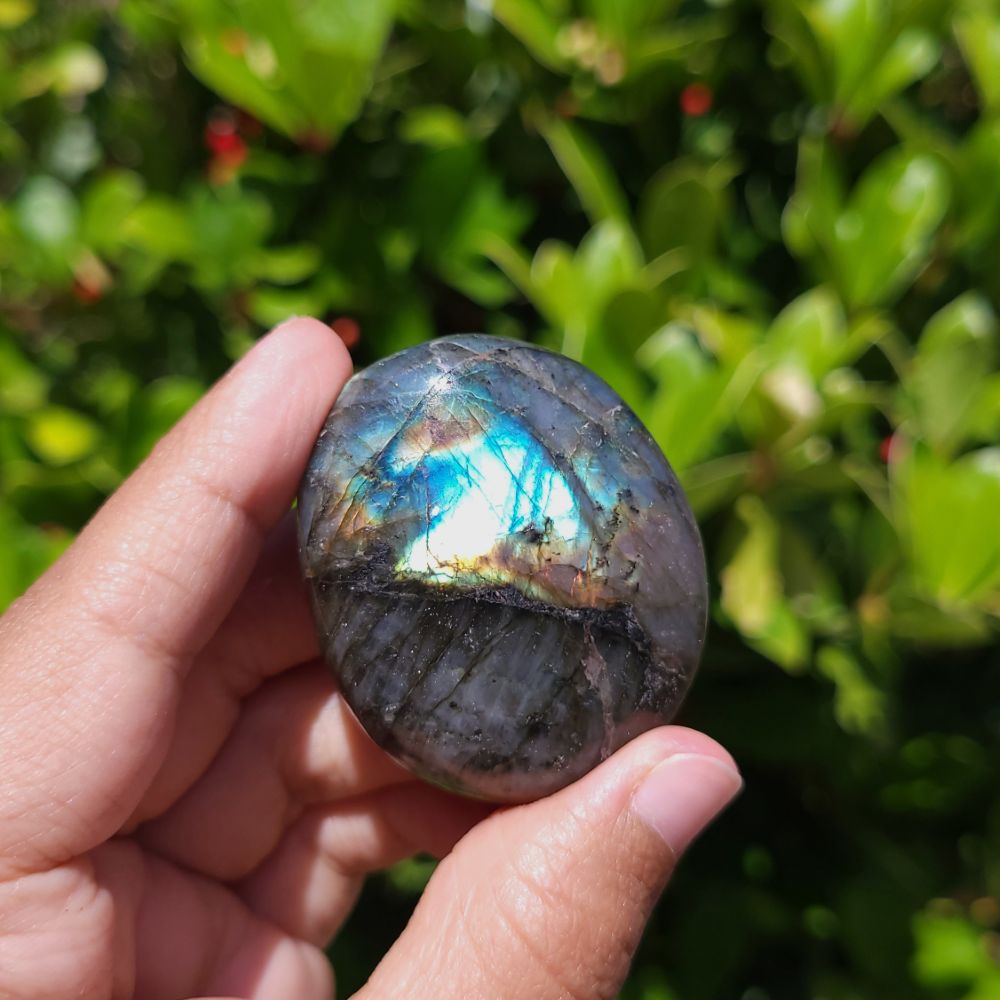 Hand holding a labradorite stone with a reflective surface against a green outdoor background
