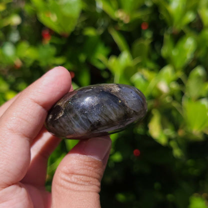 Hand holding a polished stone with a blurred green outdoor background