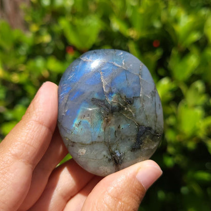 Hand holding a labradorite stone with a blurred green background