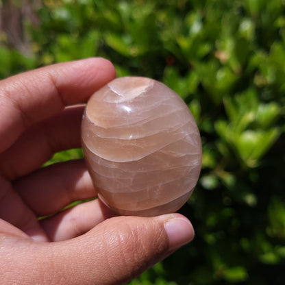Hand holding a smooth, pink Peach Moonstone Palm Stone against a green outdoor background