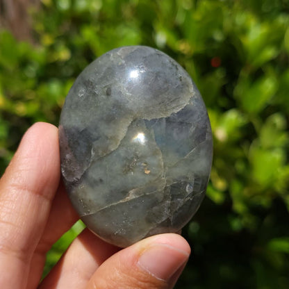 Hand holding a polished labradorite stone with a blurred green background