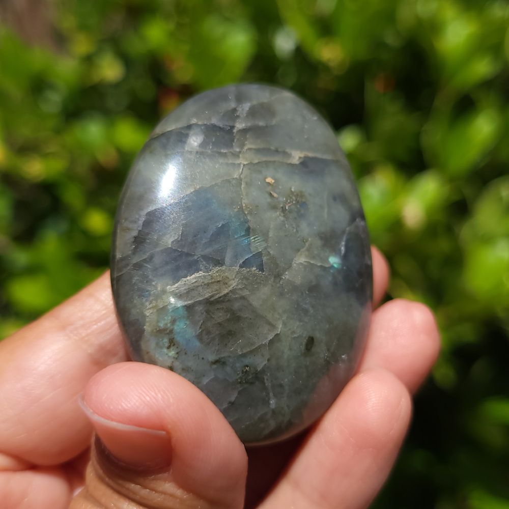 Hand holding a labradorite stone with a blurred green background