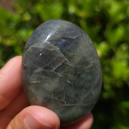 Person holding a polished labradorite stone with a blurred green background