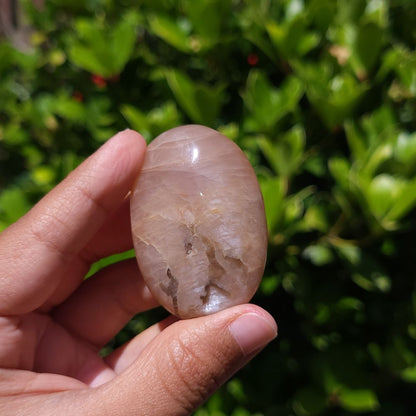 Hand holding a smooth Peach Moonstone Palm Stone with Smoky Quartz against a green leafy background