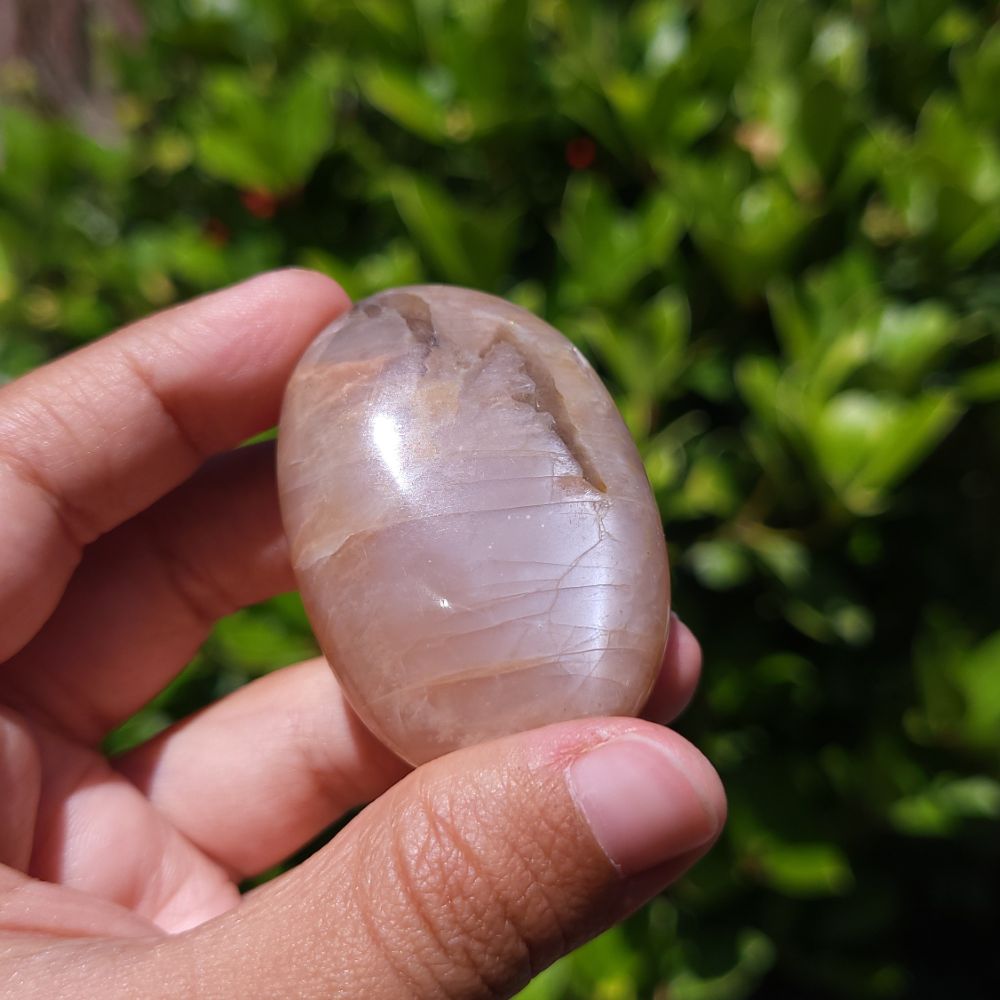 Hand holding a smooth Peach Moonstone Palm Stone with Smoky Quartz against a blurred green background