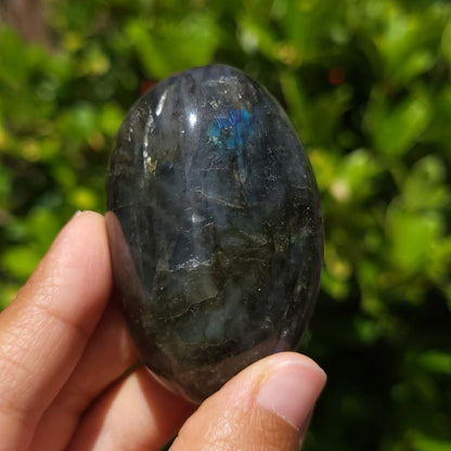 Person holding a labradorite stone with a blurred green background
