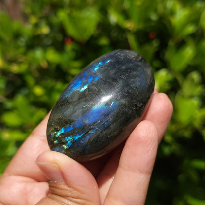 Hand holding a labradorite stone with a blurred green background