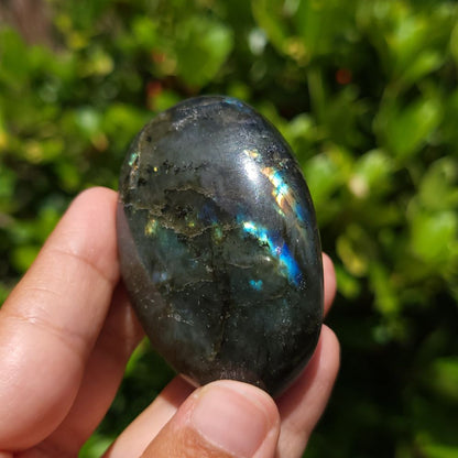 Person holding a labradorite stone with a reflective surface against a blurred green background