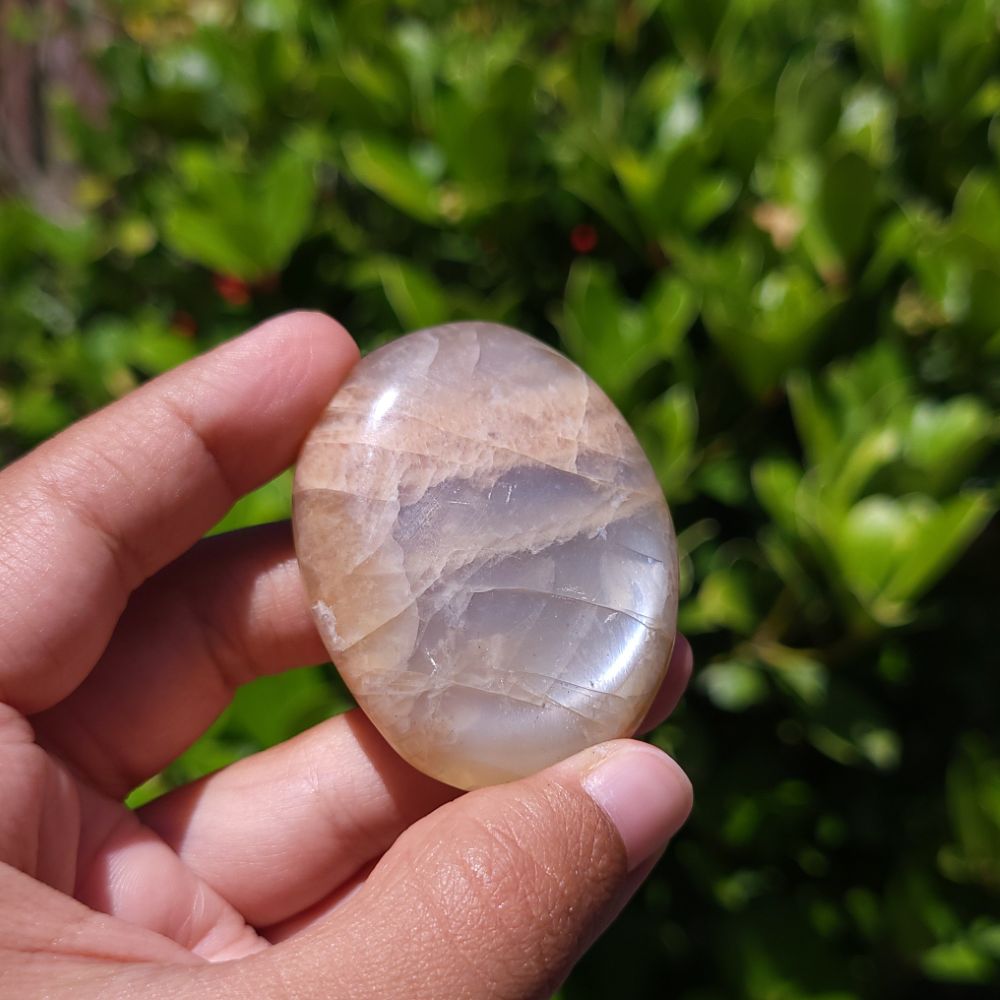 Hand holding a polished peach moonstone palm stone with a natural pattern against a green leafy background