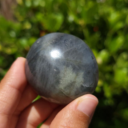 Person holding a labradorite palm stone sphere with a blurred green background