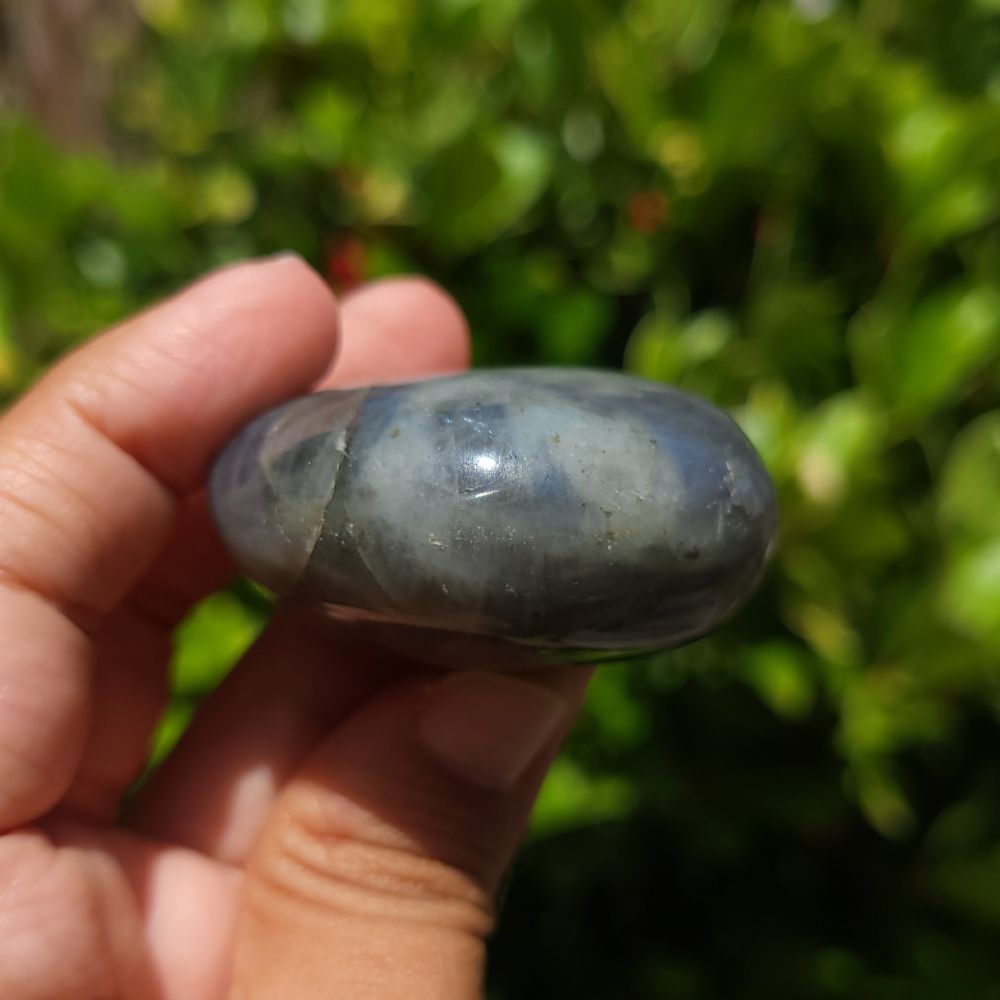 Hand holding a polished blue stone with a blurred green background