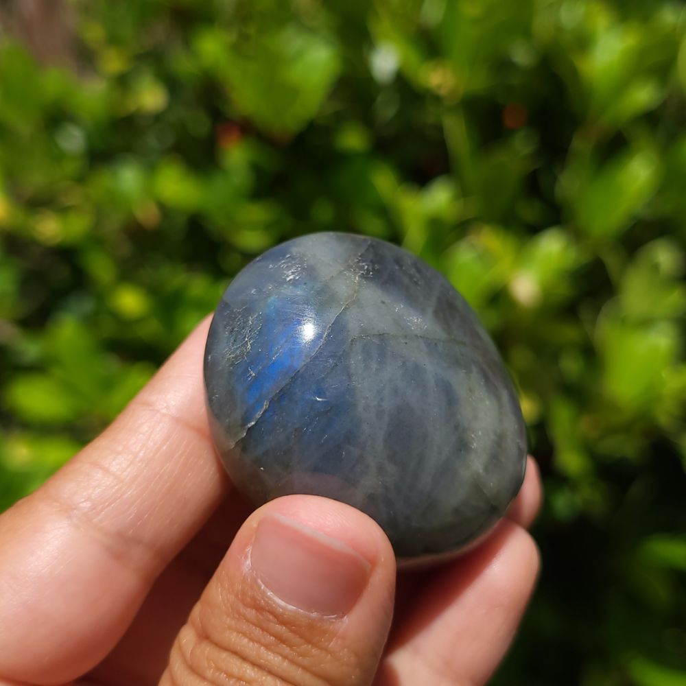 Hand holding a labradorite palm stone with a blurred green background