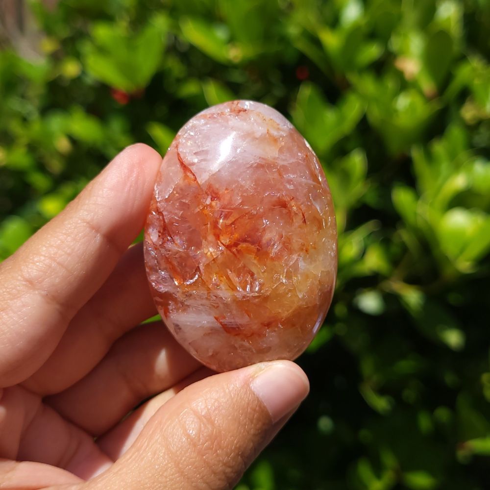 Hand holding a polished fire quartz palm  stone against a green leafy background