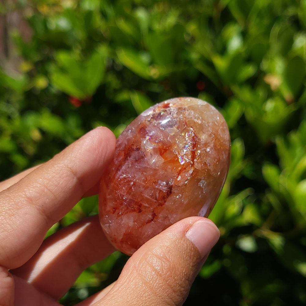 Hand holding a fire quartz palm stone against a green leafy background