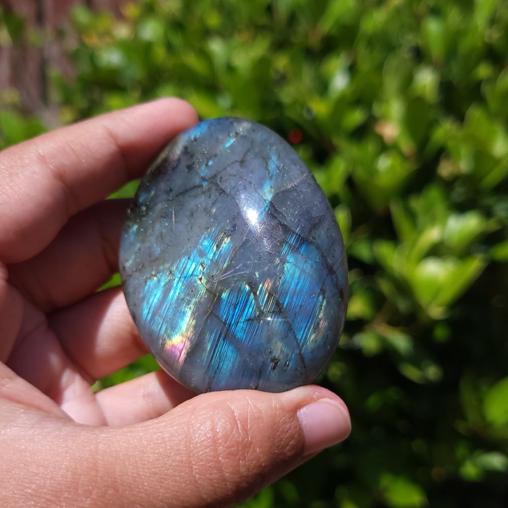Hand holding a Labradorite stone with a blurred green leafy background