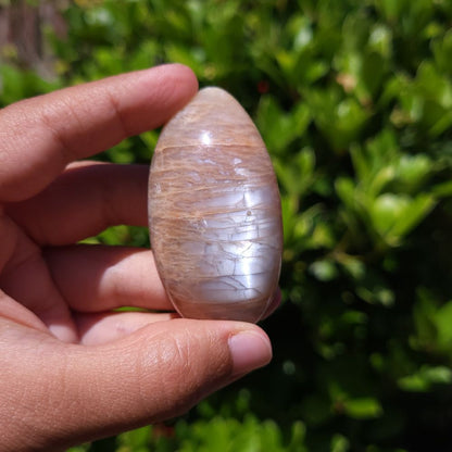 Hand holding a polished peach moonstone palm stone with a natural pattern against a blurred green background