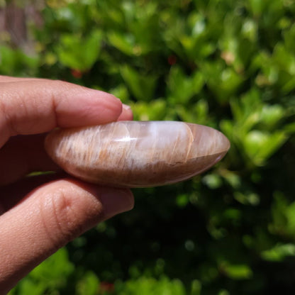 Hand holding a peach moonstone palm stone with a blurred green background