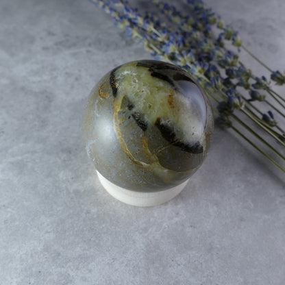 Dragon Stone Crystal Sphere - Dumi's Crystals - Unearth history! This 52mm sphere (187g) showcases Septarian's beauty with golden calcite, brown aragonite, and grey limestone.