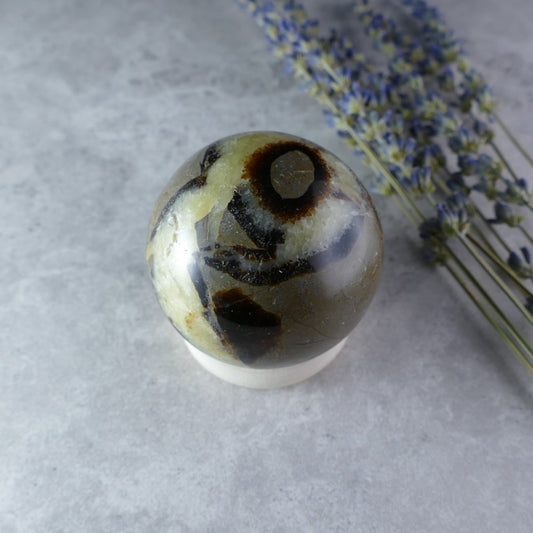 Dumi's Crystals - Septarian Sphere (52mm, 187g) - Earth's Ancient Energy! Dragon Stone sphere features golden calcite, brown aragonite, and grey limestone in captivating patterns.
