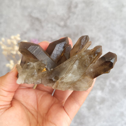 A hand holding a cluster of smoky quartz crystal points against a soft gray textured background.