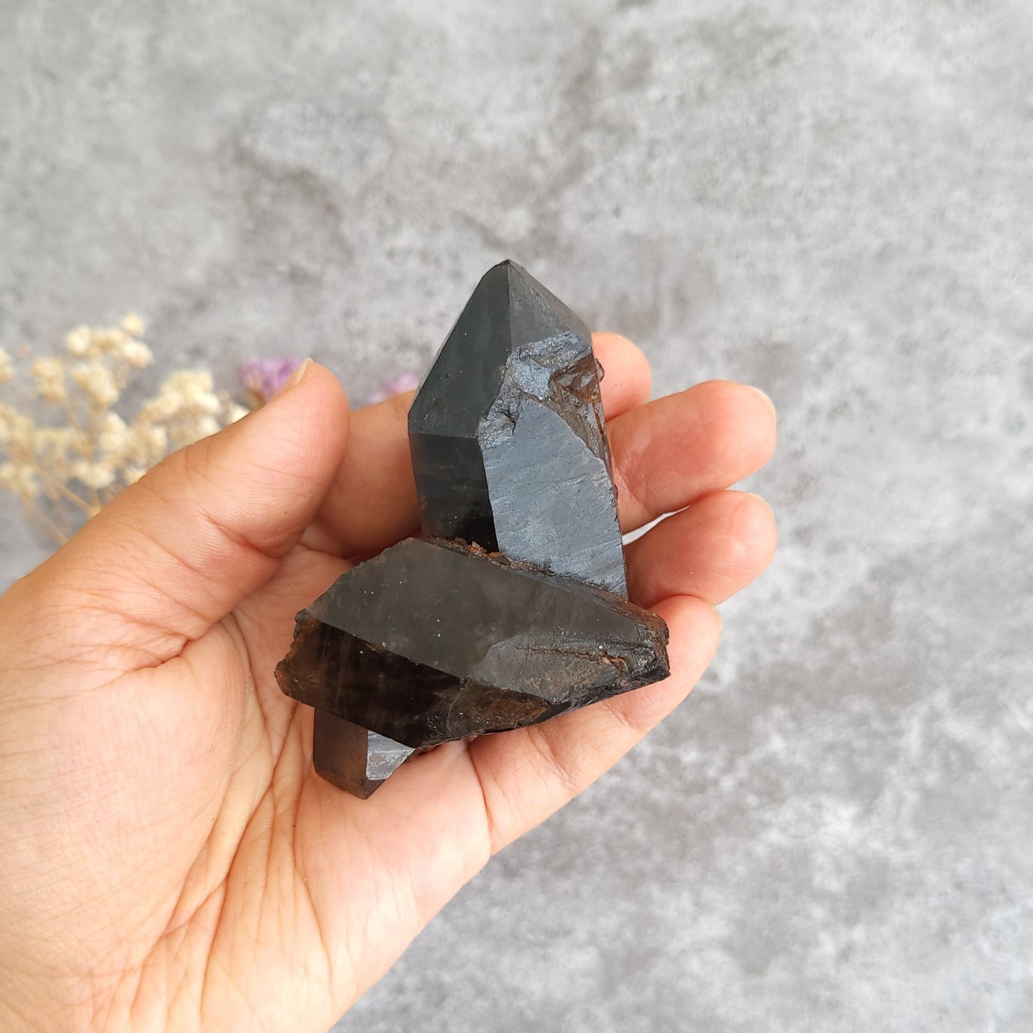 A hand holding a dark, polished crystal cluster with two pointed mineral sections against a textured gray background.