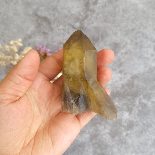 A hand holding a natural smoky quartz crystal cluster against a textured gray background with small dried flowers in the corner.