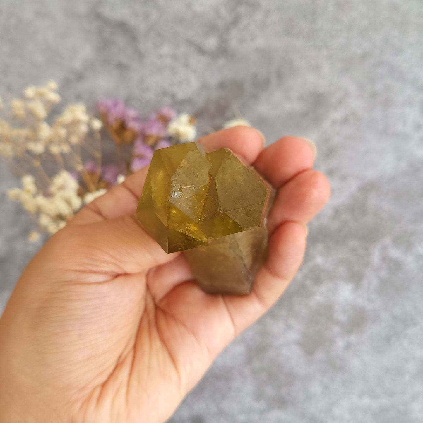A hand holding a faceted olive-green crystal cluster against a soft gray background with blurred dried flowers.