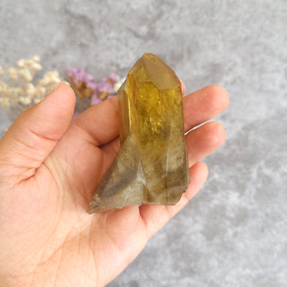 A hand holding a raw, unpolished yellow-brown quartz crystal point against a textured gray background with blurred dried flowers.