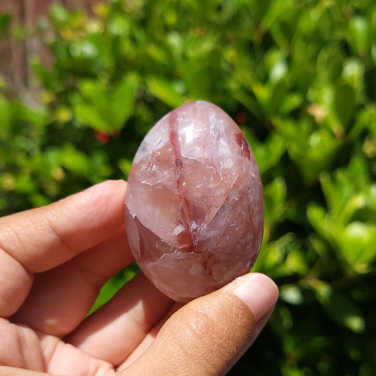 Hand holding a fire quartz palm stone against a green leafy background